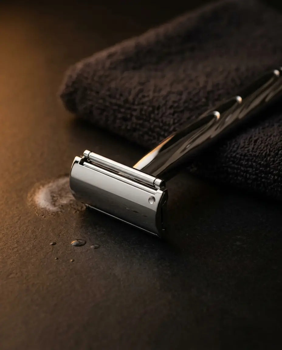 NORDSHAVE SKARP Rasierhobel in Silber auf dunkler Fläche neben einem Handtuch, Wassertropfen