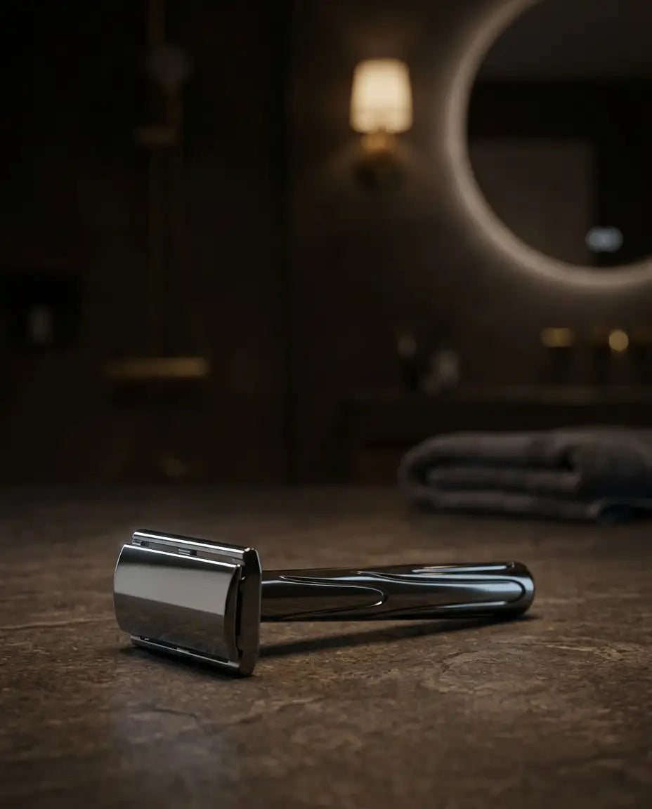 NORDSHAVE SKARP Rasierhobel in Gunmetal, liegend auf einem Stein-Waschtisch im Bad