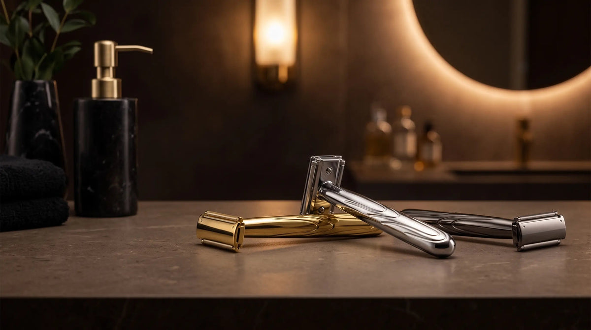 NORDSHAVE SKARP Rasierhobel in Gold, Silber und Gunmetal nebeneinander auf einem dunklen Steintresen